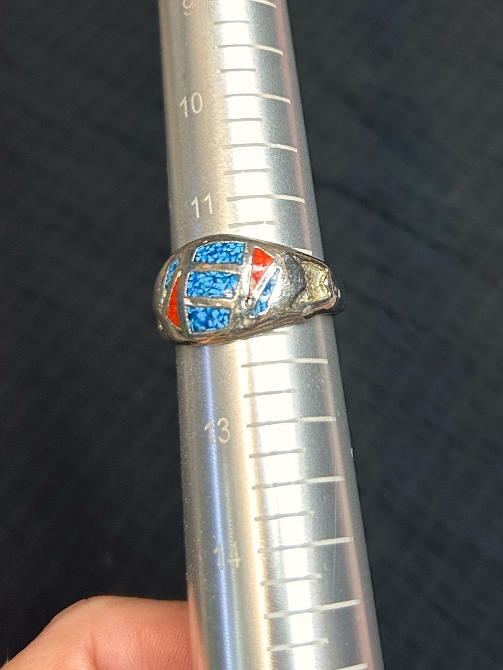 Turquoise Look Metal Ring with Blue and Red Enamel Inlay